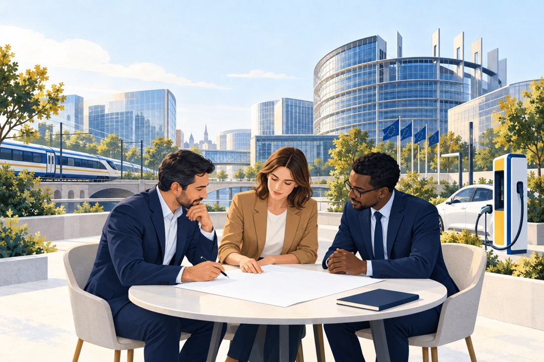 Illustration of three professionals discussing their plans with the European Parliament in the background