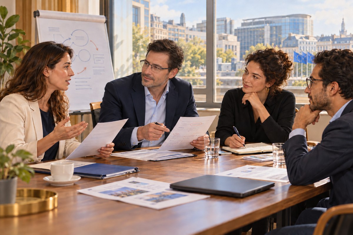 Illustration of an adviser coaching a team as a participant rehearses a presentation